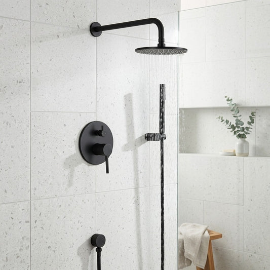Lagomel wall-mounted single-handle complete shower system in matte black, set in a Contemporary/Modern bathroom