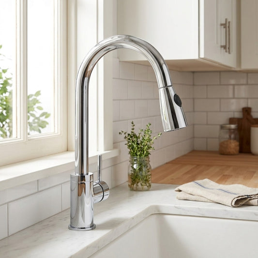 Lagomel single-hole single-handle pull-down kitchen faucet in chrome, set in a Contemporary/Modern kitchen