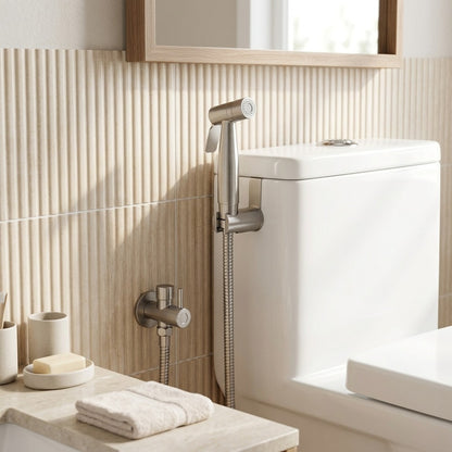 Lagomel bidet faucet in stainless steel, set in a Contemporary bathroom
