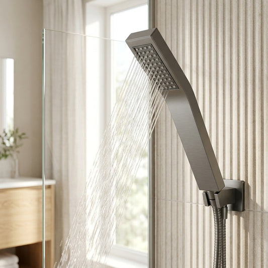 Lagomel wall-mounted hand shower in matte black, set in a Contemporary bathroom
