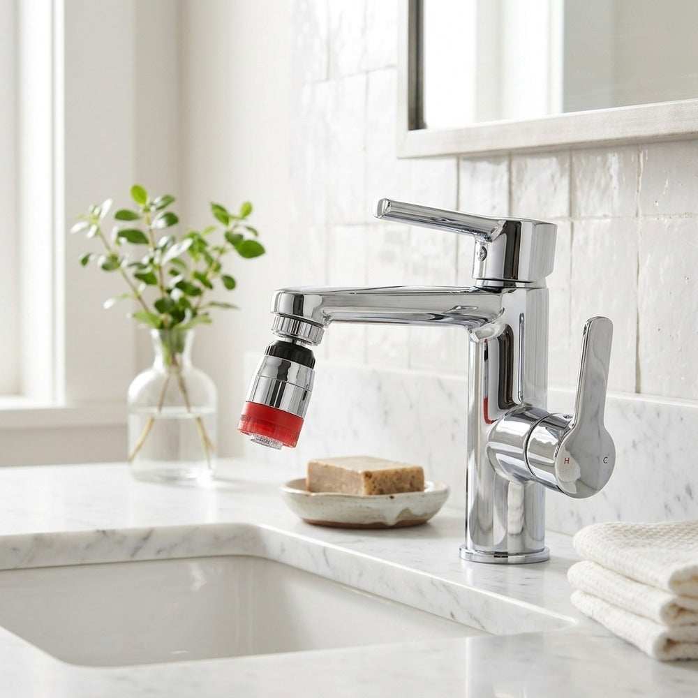 Lagomel faucet aerator in chrome, set in a Modern bathroom