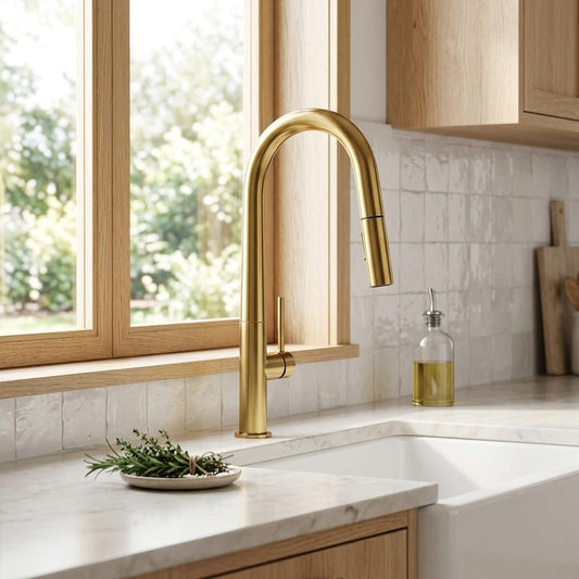 Lagomel single-handle pull-down kitchen faucet in brushed gold, brushed nickel, matte black, matte white, two-tone /, set in a Modern/Contemporary kitchen