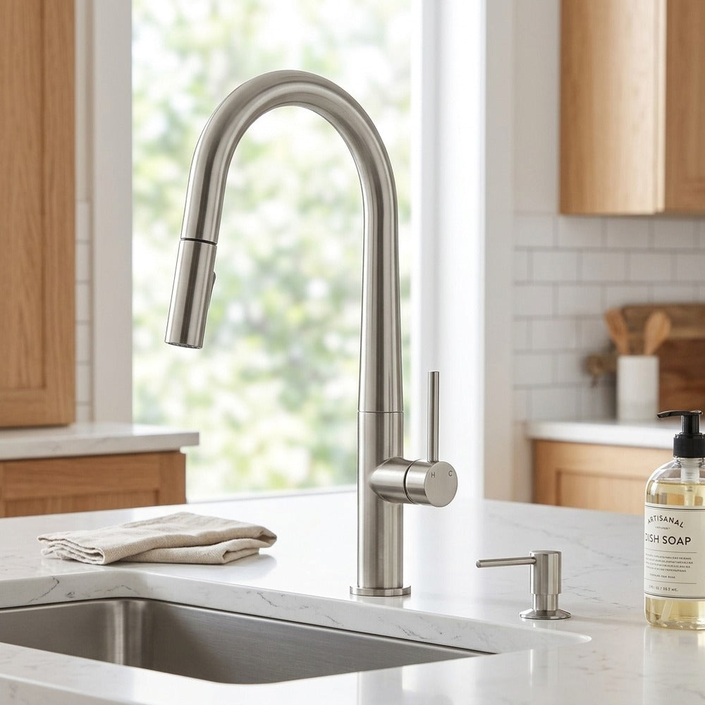 Lagomel single-handle pull-down kitchen faucet, set in a Modern/Contemporary kitchen