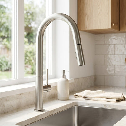 Lagomel single-handle pull-down kitchen faucet, set in a Modern/Contemporary kitchen