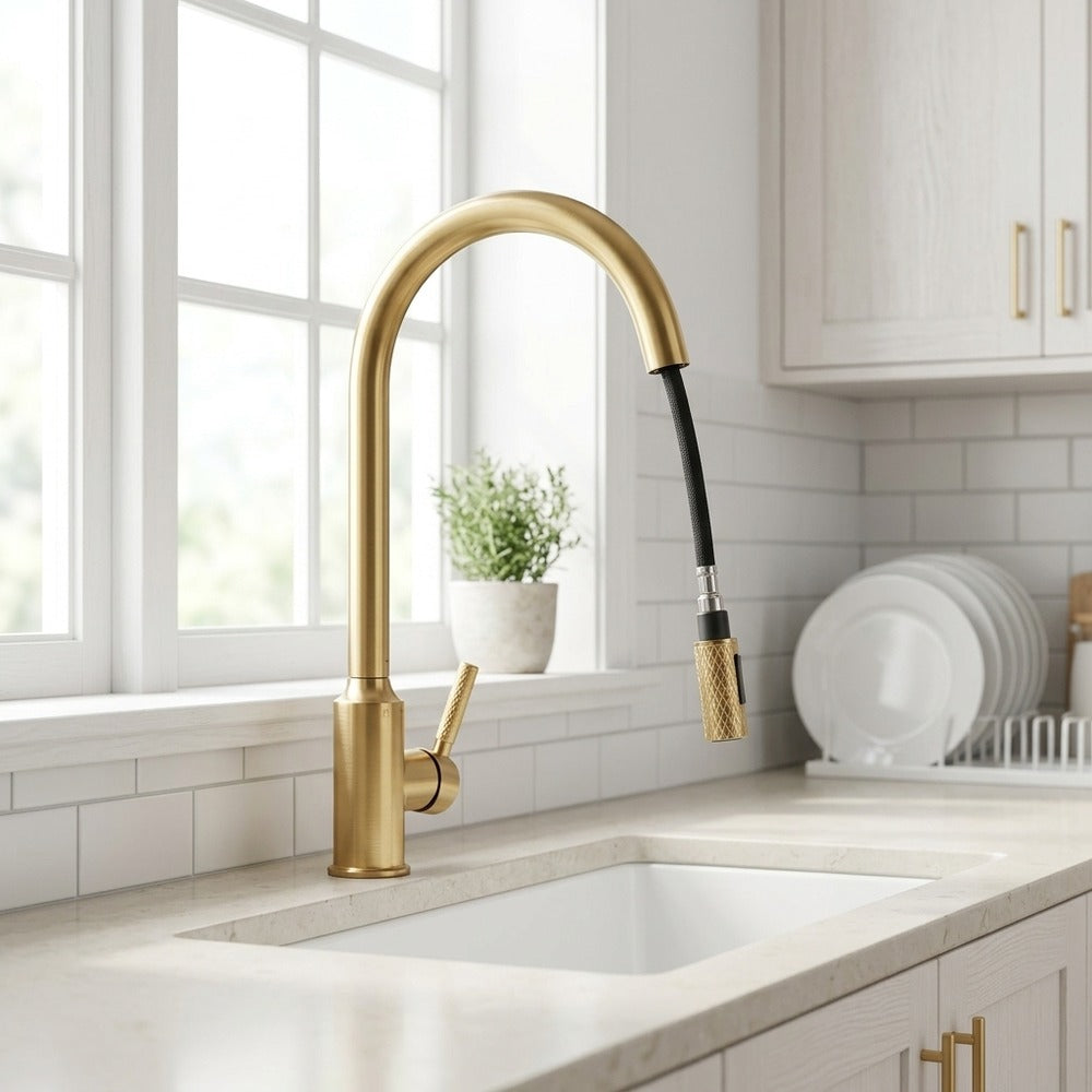 Lagomel single-handle pull-down kitchen faucet in brushed gold, two-tone / mixed finish, set in a Modern/Contemporary kitchen
