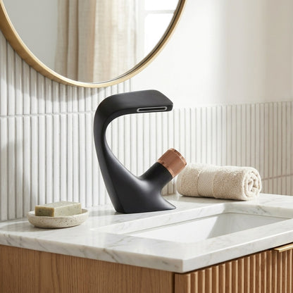 Lagomel vessel sink waterfall single-hole bathroom faucet in matte black, chrome, brushed gold, matte white, two-tone, set in a Contemporary/Modern bathroom