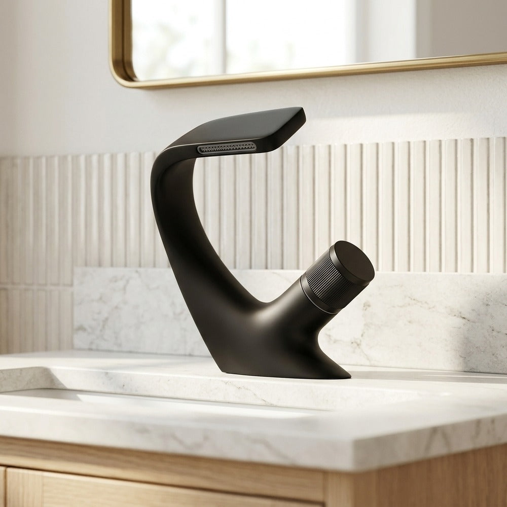 Lagomel vessel sink waterfall single-hole bathroom faucet, set in a Contemporary bathroom