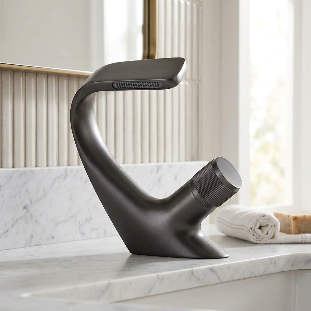 Lagomel vessel sink waterfall single-hole bathroom faucet, set in a Contemporary bathroom