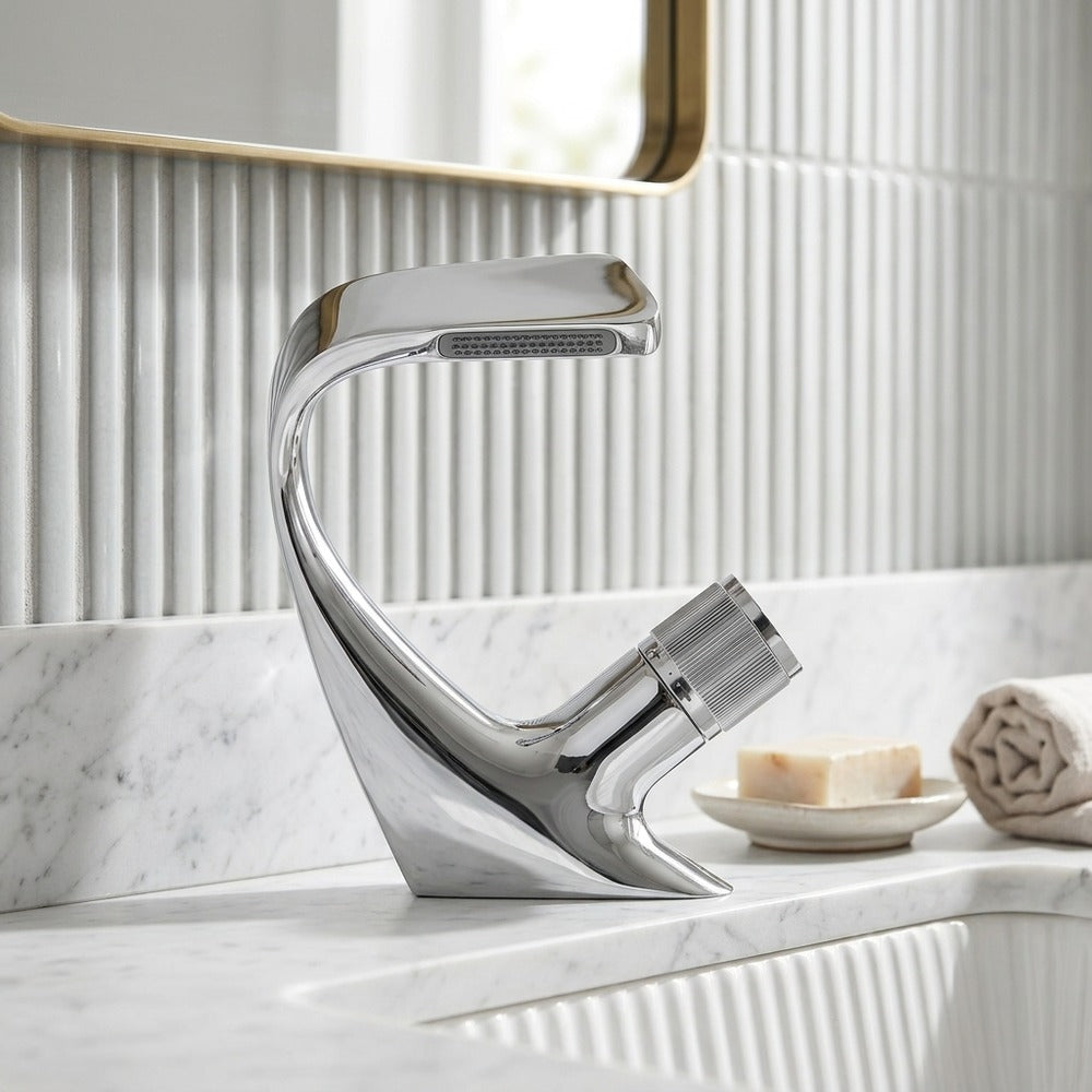Lagomel vessel sink waterfall single-hole bathroom faucet, set in a Contemporary bathroom