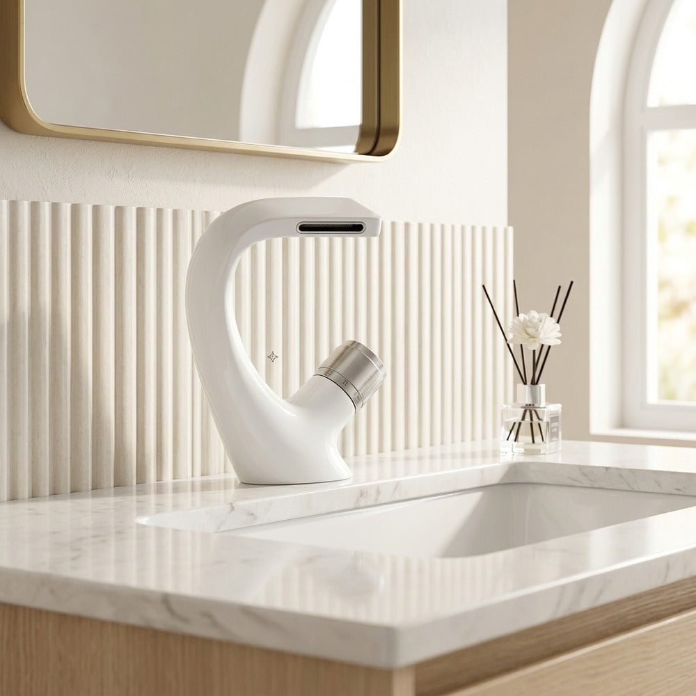 Lagomel vessel sink waterfall single-hole bathroom faucet, set in a Contemporary bathroom