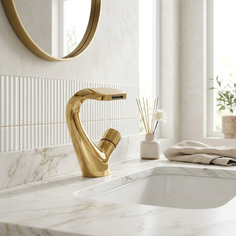 Lagomel vessel sink waterfall single-hole bathroom faucet, set in a Contemporary bathroom