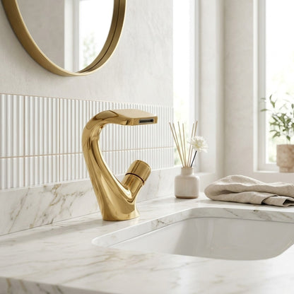 Lagomel vessel sink waterfall single-hole bathroom faucet, set in a Contemporary bathroom