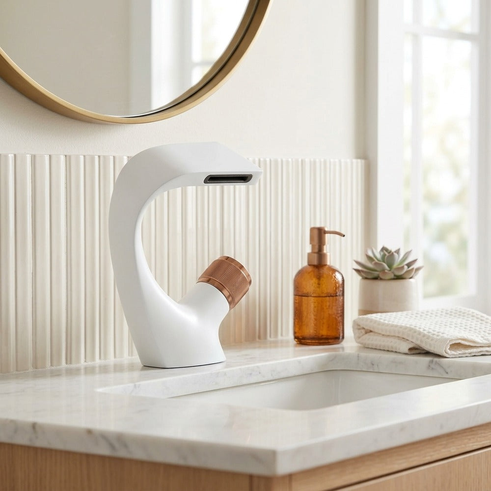 Lagomel vessel sink waterfall single-hole bathroom faucet, set in a Contemporary bathroom