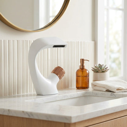Lagomel vessel sink waterfall single-hole bathroom faucet, set in a Contemporary bathroom