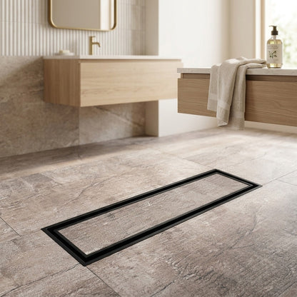 Lagomel linear floor drain in matte black, set in a Modern/Contemporary bathroom