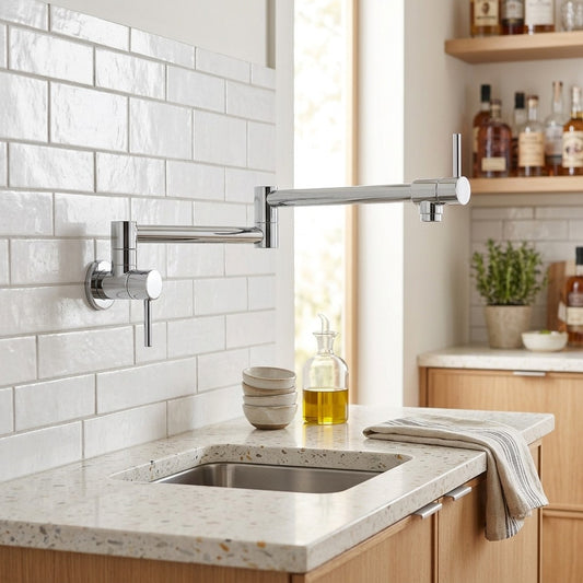 Lagomel single-hole wall-mounted pot filler in chrome, brushed nickel, matte black, oil-rubbed bronze, brushed gold, set in a Contemporary kitchen