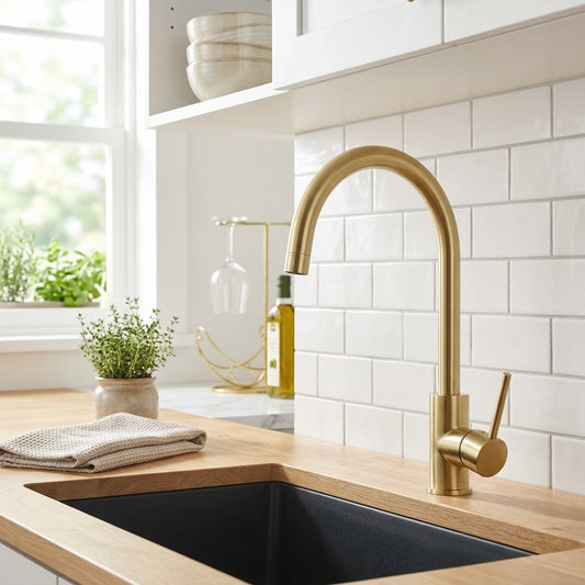 Lagomel single-handle kitchen faucet in brushed gold, set in a Contemporary/Modern kitchen