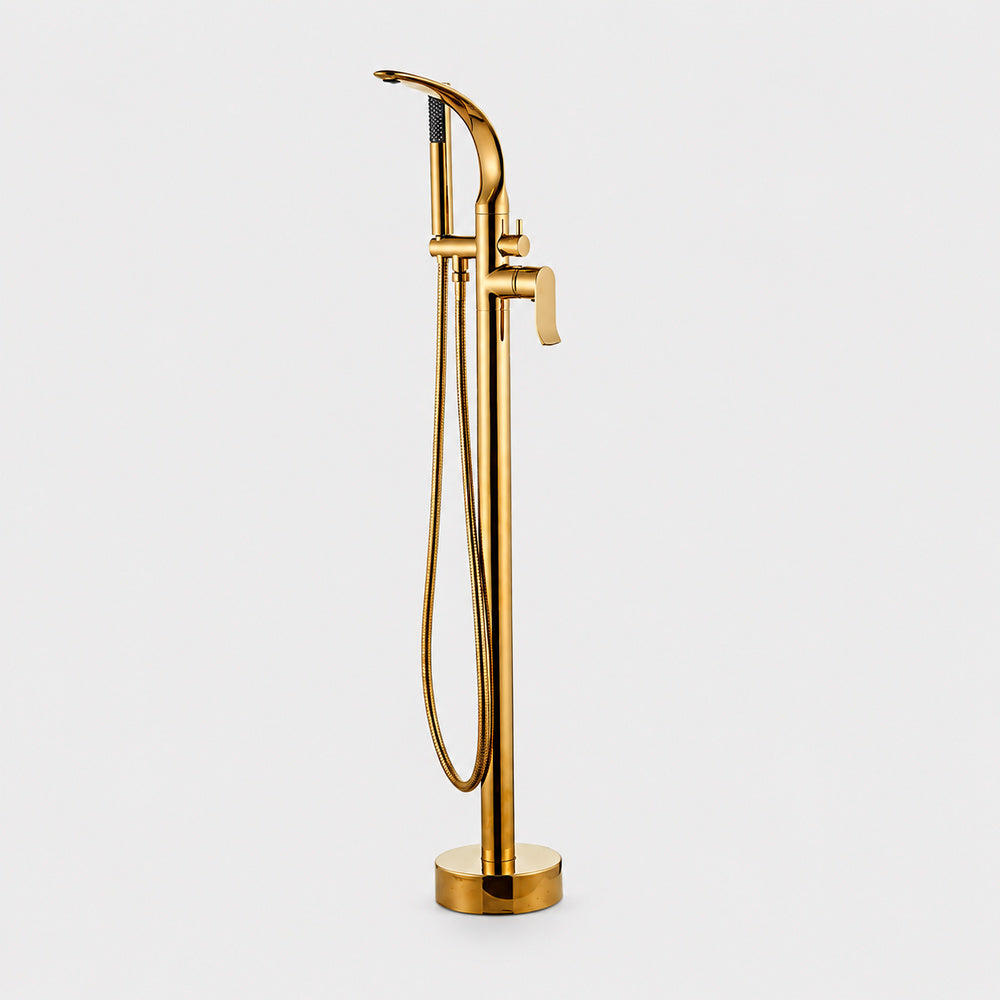 Brushed Gold Freestanding Tub Filler Faucet, Floor-Mounted Bathtub Faucet with Handheld Shower