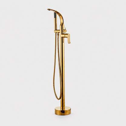 Brushed Gold Freestanding Tub Filler Faucet, Floor-Mounted Bathtub Faucet with Handheld Shower