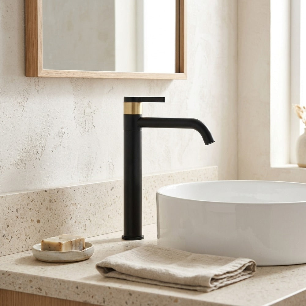 Lagomel single-hole vessel sink faucet in chrome, matte black, brushed gold, two-tone / mixed finish, set in a Contemporary bathroom