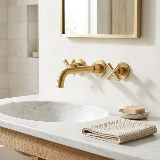Lagomel wall-mount bathroom faucet in brushed gold, matte black, chrome, antique brass, set in a Contemporary bathroom