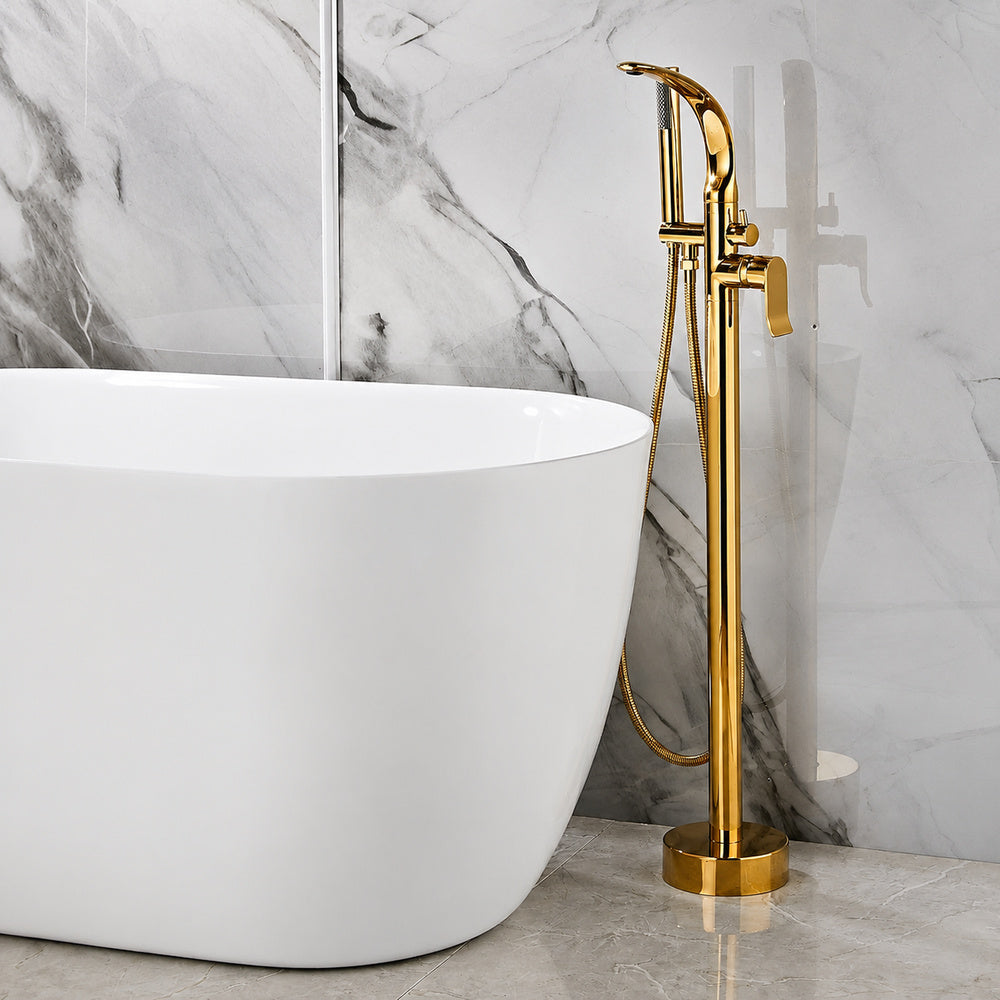 Brushed Gold Freestanding Tub Filler Faucet, Floor-Mounted Bathtub Faucet with Handheld Shower