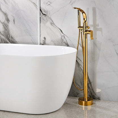 Brushed Gold Freestanding Tub Filler Faucet, Floor-Mounted Bathtub Faucet with Handheld Shower
