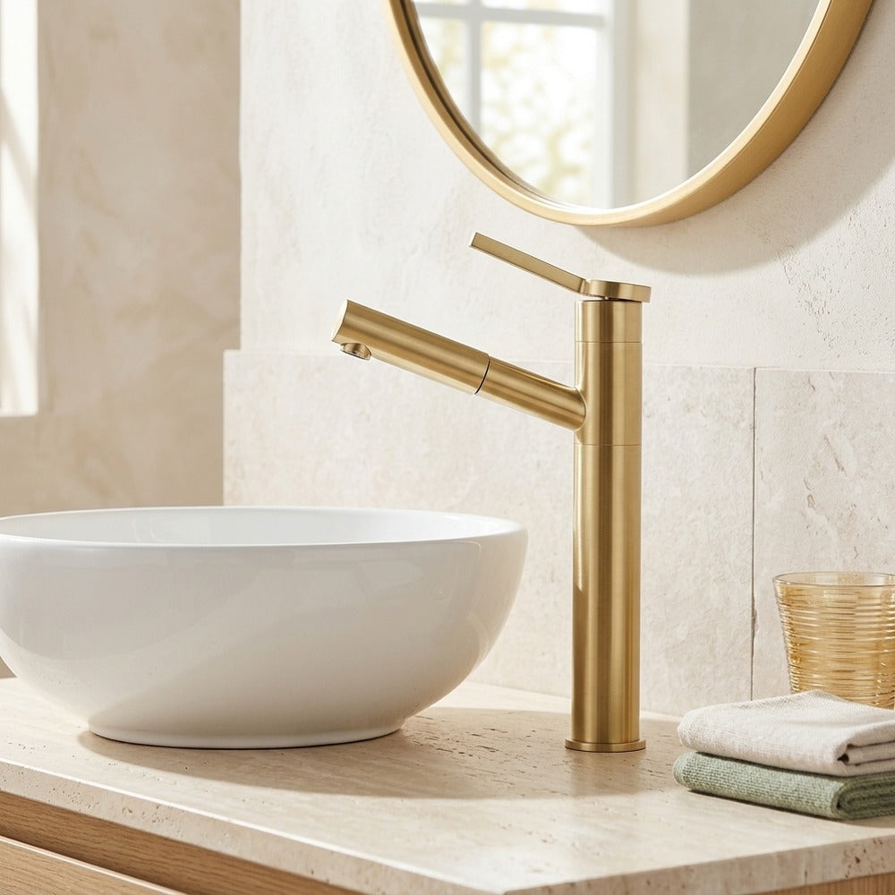 Lagomel pull-out single-hole bathroom faucet in brushed gold, set in a Modern/Contemporary bathroom