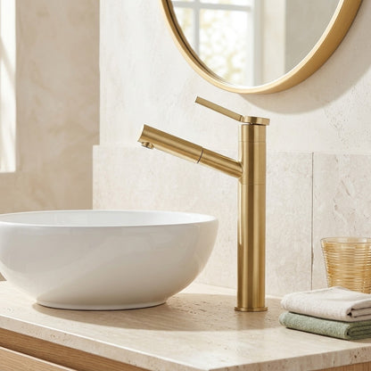 Lagomel pull-out single-hole bathroom faucet in brushed gold, set in a Modern/Contemporary bathroom