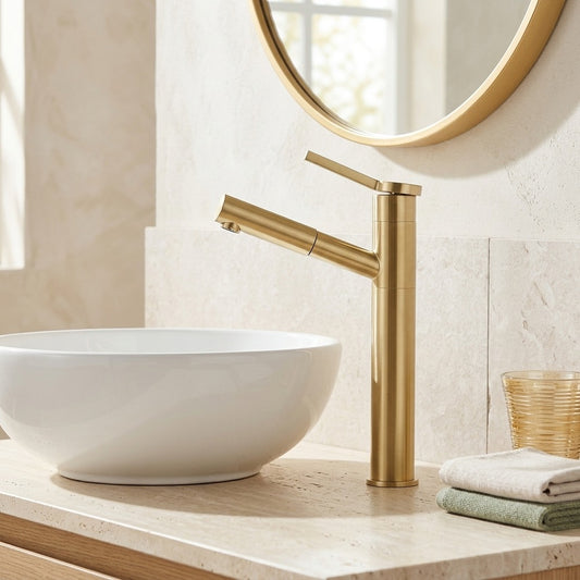 Lagomel pull-out single-hole bathroom faucet in brushed gold, set in a Modern/Contemporary bathroom