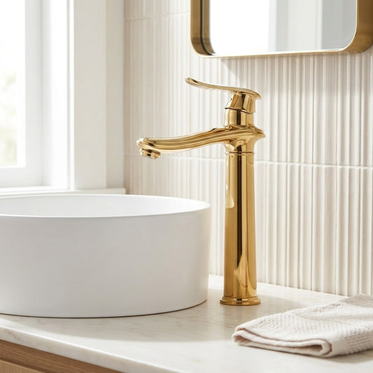 Lagomel single-handle vessel sink faucet in matte black, polished gold, chrome, antique brass, set in a Contemporary bathroom