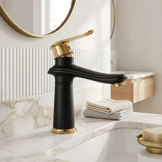 Lagomel single-hole bathroom faucet in two-tone / mixed finish, set in a Contemporary/Vintage/Retro bathroom