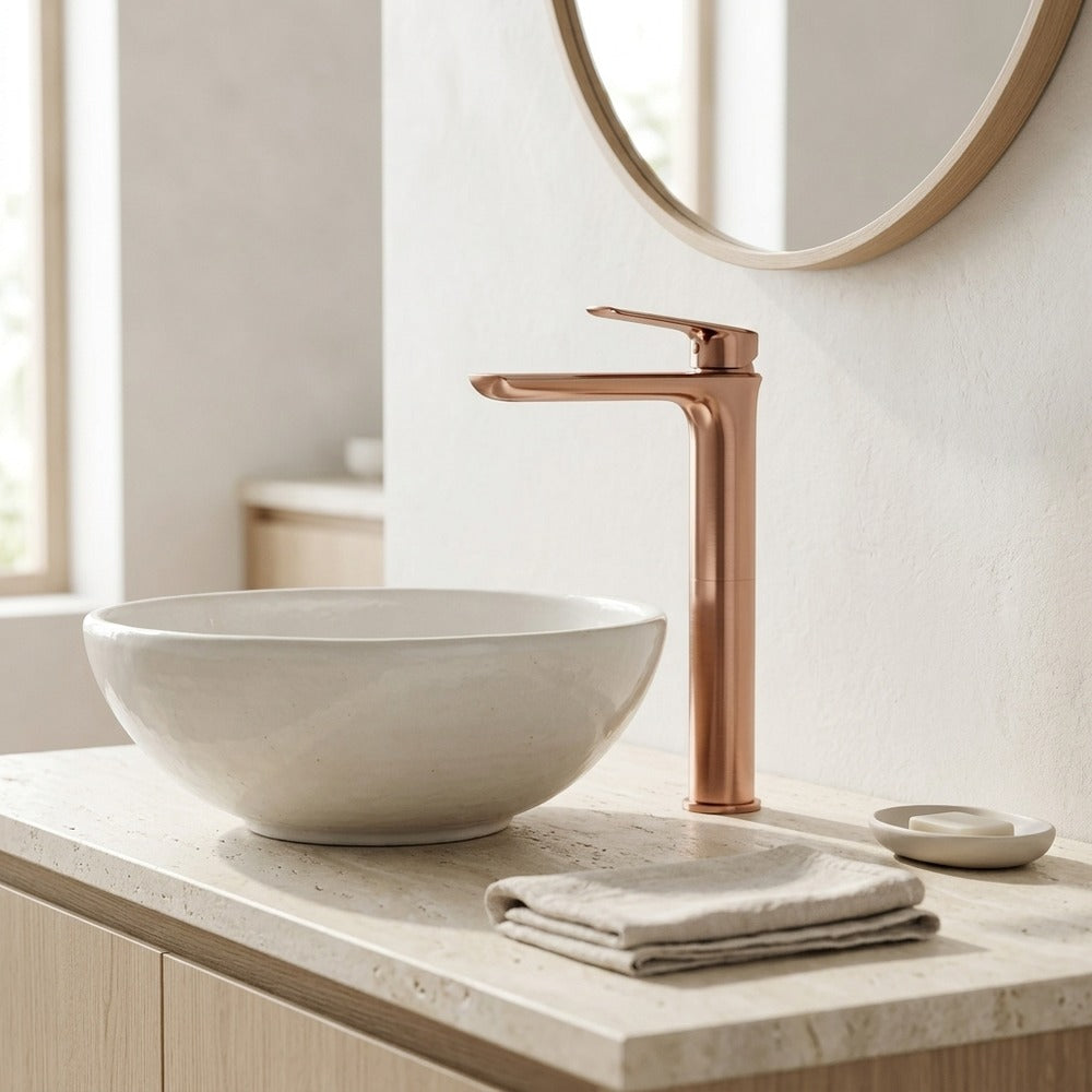 Lagomel single-hole single-handle vessel sink faucet in rose gold, set in a Contemporary bathroom