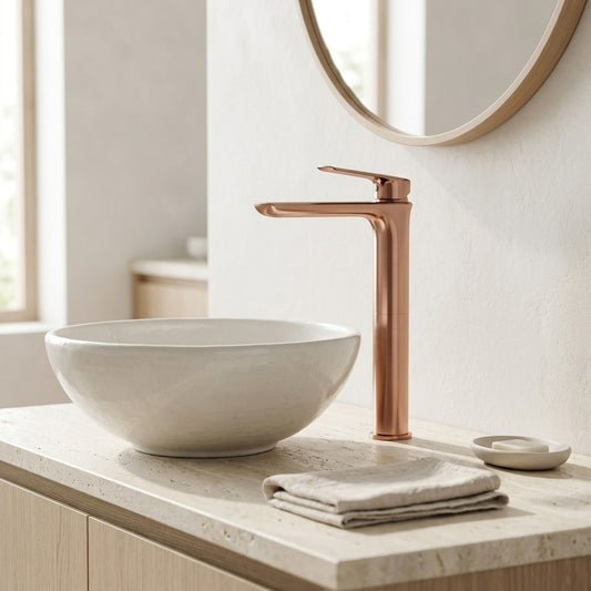 Lagomel single-hole single-handle vessel sink faucet in rose gold, set in a Contemporary bathroom