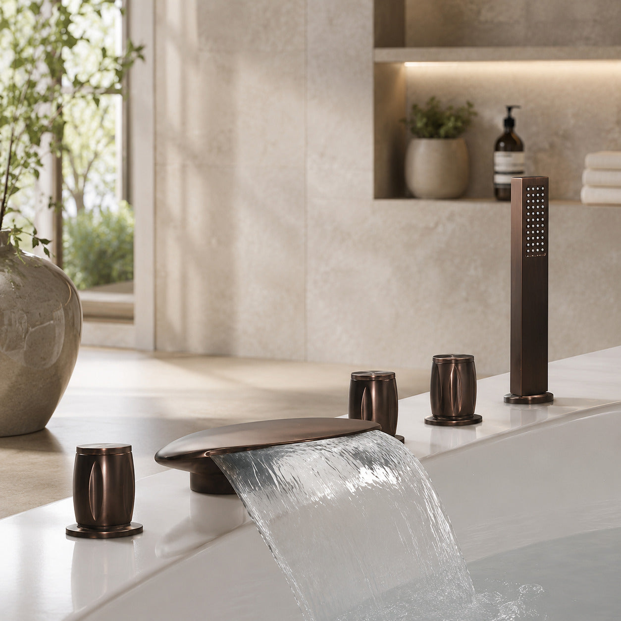 Lagomel waterfall deck-mount tub filler in oil-rubbed bronze, set in a Contemporary bathroom