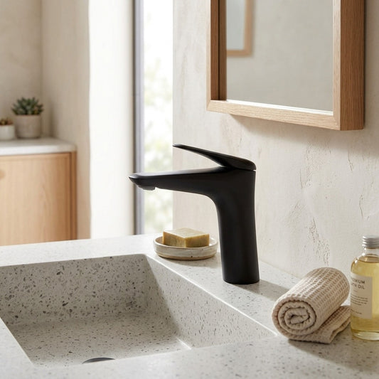 Lagomel single-hole bathroom faucet in chrome, matte black, brushed gold, gunmetal, set in a Contemporary/Modern bathroom