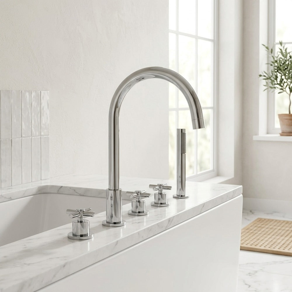 Lagomel deck-mount tub filler in chrome, set in a Modern/Contemporary/Minimalist bathroom