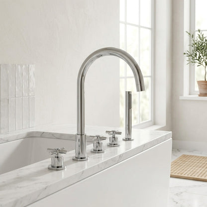 Lagomel deck-mount tub filler in chrome, set in a Modern/Contemporary/Minimalist bathroom