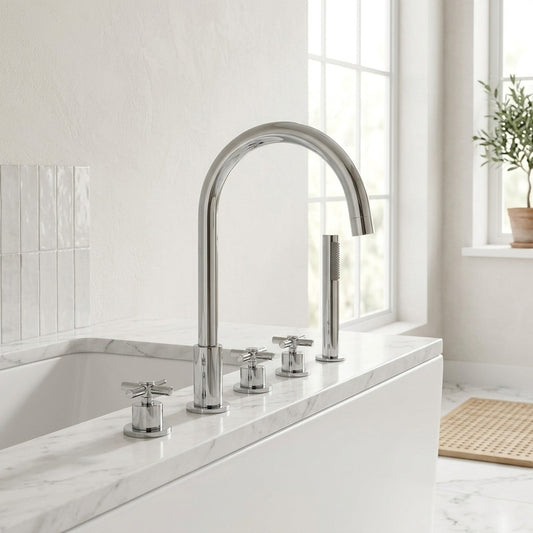 Lagomel deck-mount tub filler in chrome, set in a Modern/Contemporary/Minimalist bathroom