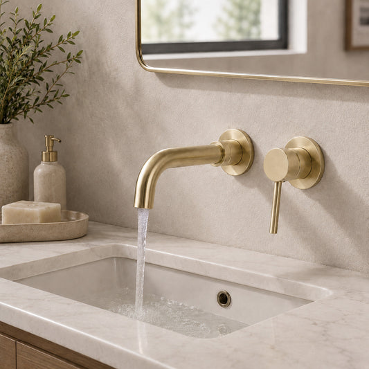 Lagomel single-handle wall-mount bathroom faucet in brushed gold, set in a Contemporary/Modern bathroom