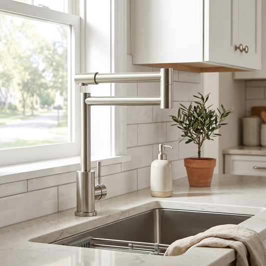 Lagomel single-handle kitchen faucet in brushed nickel, set in a Contemporary kitchen