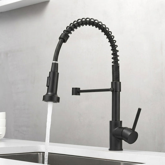 Lagomel single-hole pull-down pre-rinse kitchen faucet in matte black, brushed gold, chrome, brushed nickel, oil-rubbed bronze, set in a Modern/Contemporary/Minimalist kitchen