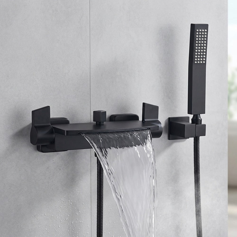 Lagomel waterfall double-handle wall-mount tub filler in matte black, set in a Modern/Contemporary bathroom
