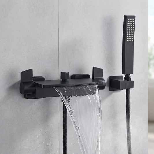 Lagomel waterfall double-handle wall-mount tub filler in matte black, set in a Modern/Contemporary bathroom