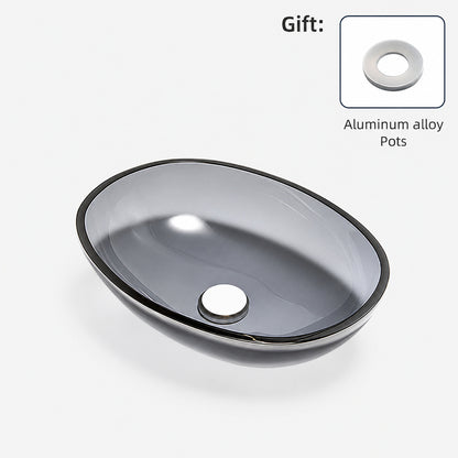 Modern Oval Tempered Glass Bathroom Vessel Sink, Faucet Combo, Above-Counter Basin with Brushed Gold Water Drop Faucet, Gray / Blue