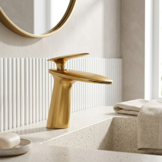 Lagomel waterfall single-hole bathroom faucet in antique brass, brushed gold, brushed nickel, chrome, gunmetal, matte black,, set in a Contemporary/Modern bathroom