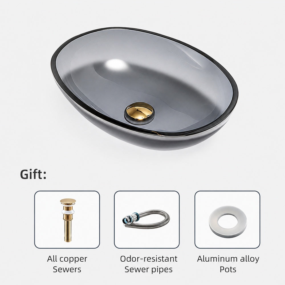 Modern Oval Tempered Glass Bathroom Vessel Sink, Faucet Combo, Above-Counter Basin with Brushed Gold Water Drop Faucet, Gray / Blue