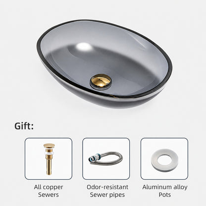 Modern Oval Tempered Glass Bathroom Vessel Sink, Faucet Combo, Above-Counter Basin with Brushed Gold Water Drop Faucet, Gray / Blue