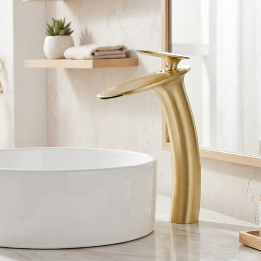 Lagomel single-hole waterfall vessel sink faucet in antique brass, brushed chrome, brushed gold, brushed nickel, chrome,, set in a Modern/Minimalist bathroom