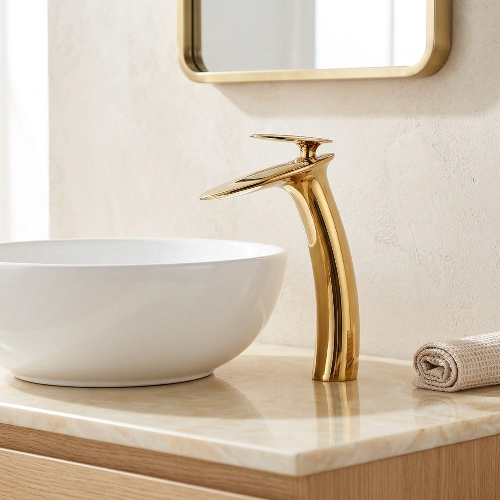 Lagomel single-hole waterfall vessel sink faucet, set in a Modern/Contemporary bathroom